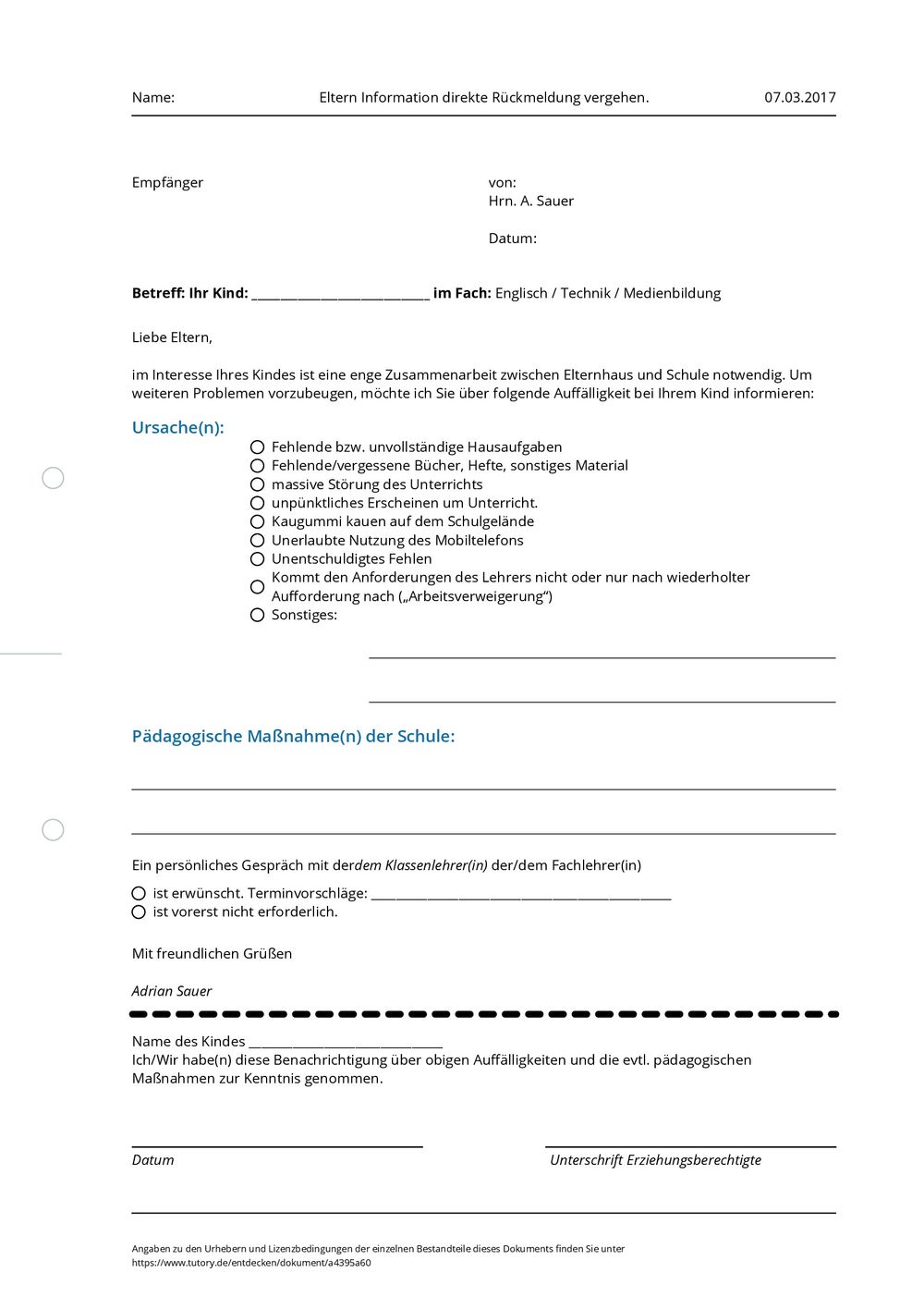 Arbeitsblatt - Eltern Information direkte Rückmeldung vergehen ...