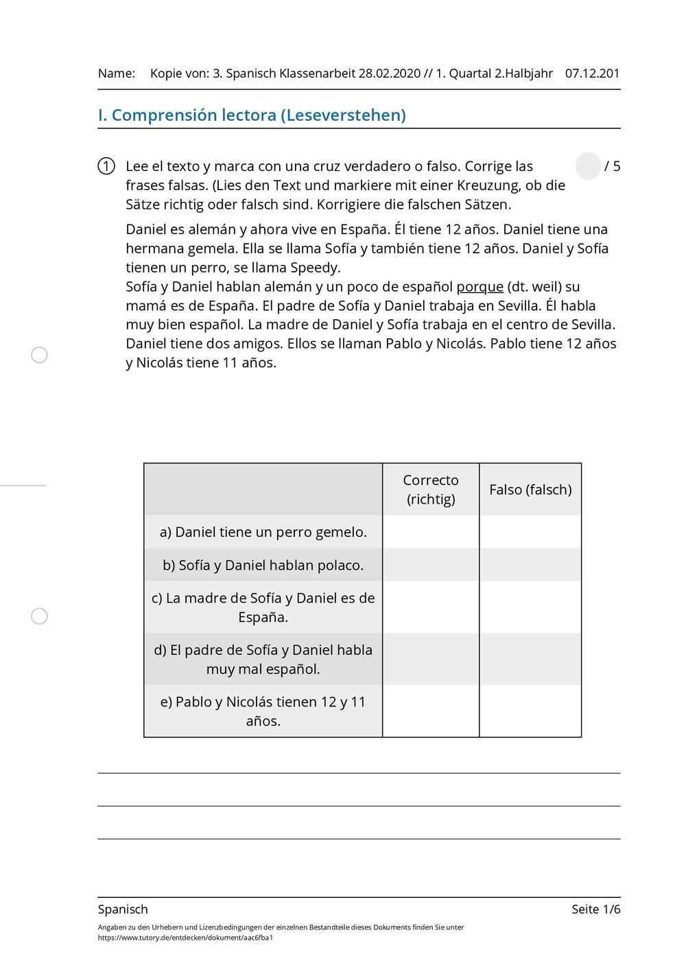 Arbeitsblatt - Kopie von: 3. Spanisch Klassenarbeit 28.02.2020 // 1 ...
