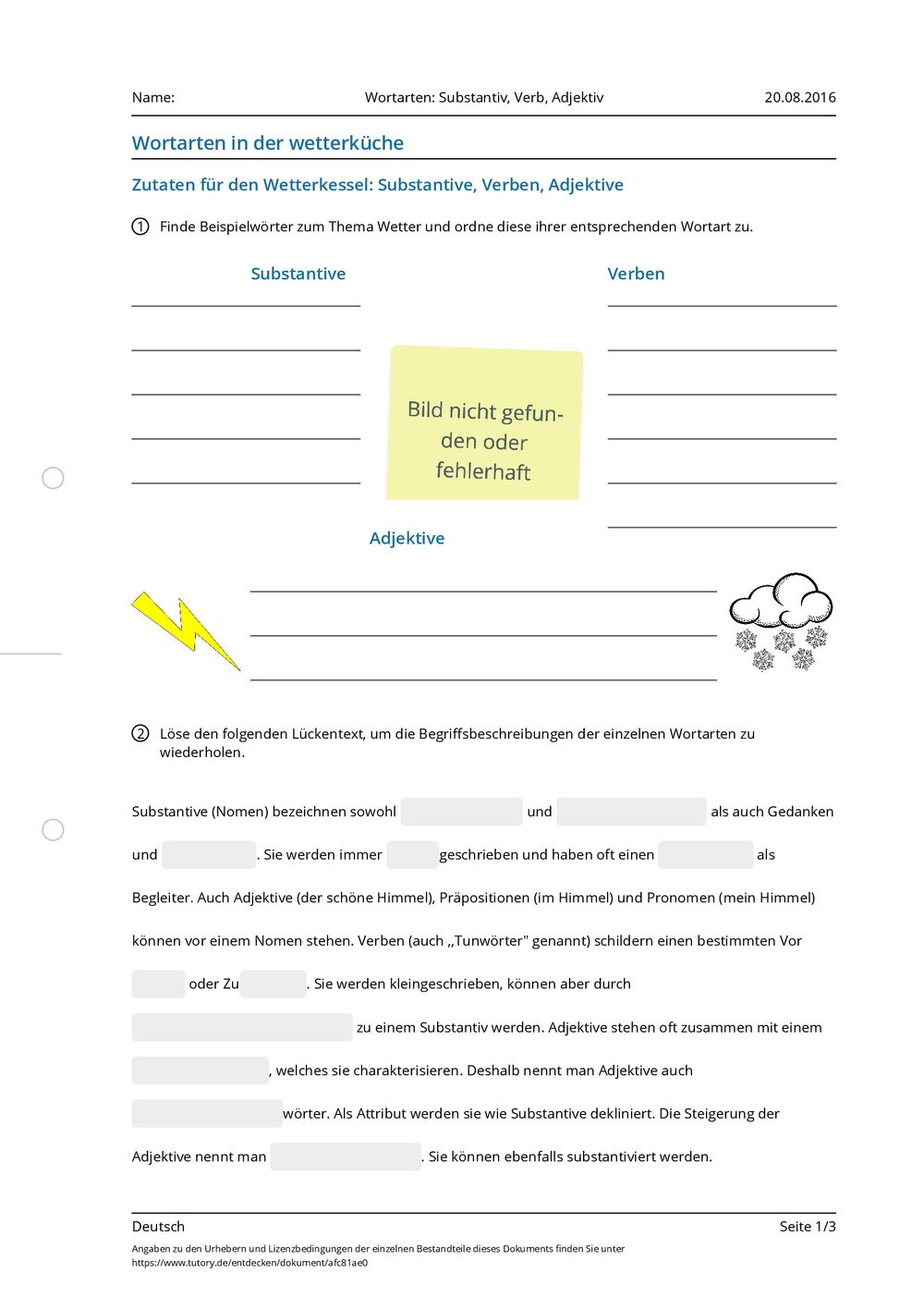 Arbeitsblatt - Wortarten: Substantiv, Verb, Adjektiv - Deutsch - Allgemeine Hochschulreife ...