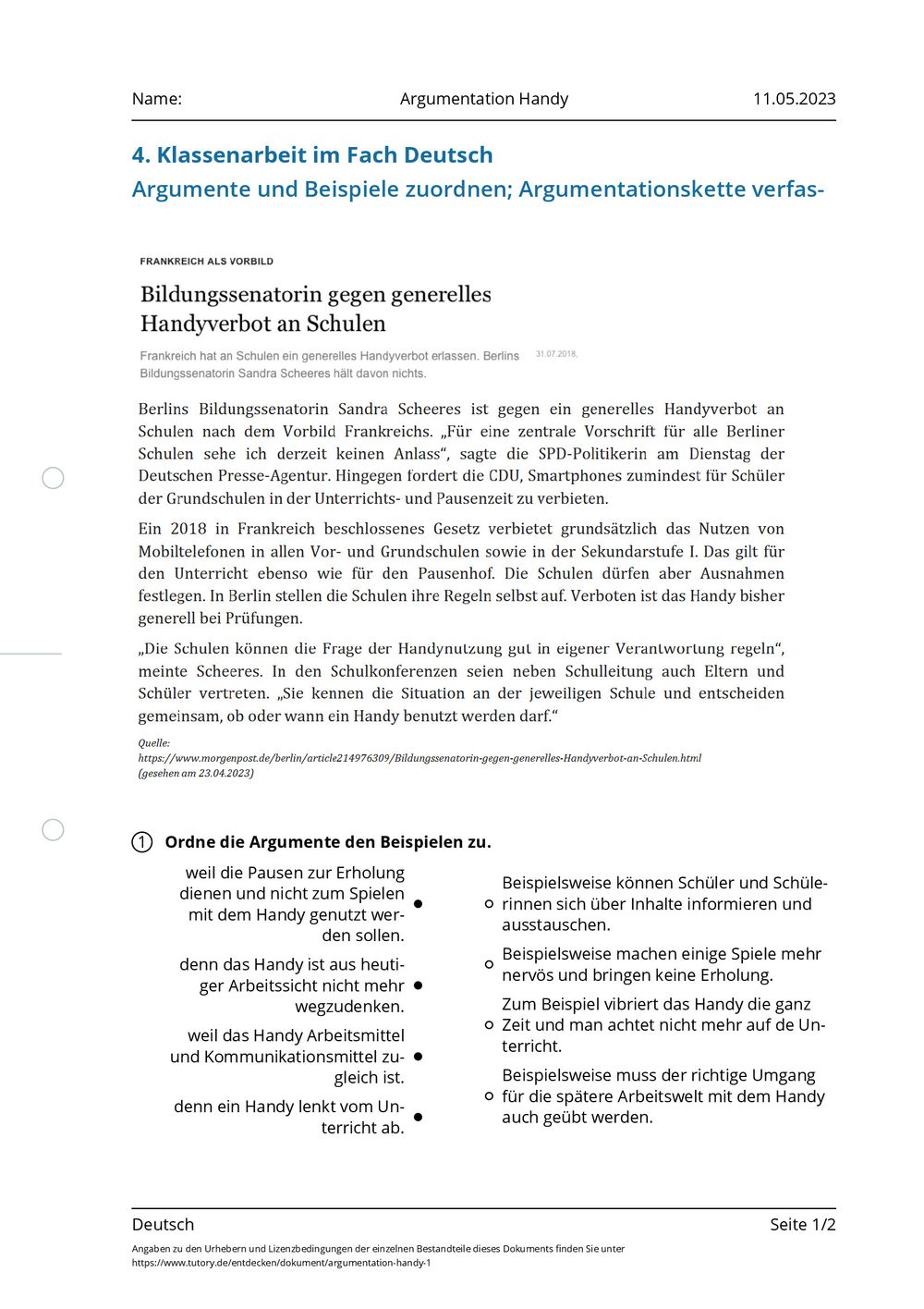 Materialgestütztes Argumentieren Klasse 7 Pdf Arbeitsblatt - Argumentation Handy - Deutsch - tutory.de