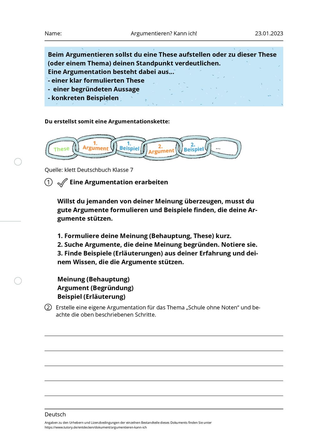 Argumentieren Klasse 7 übungen Pdf Kostenlos Arbeitsblatt - Argumentieren? Kann ich! - Deutsch - tutory.de