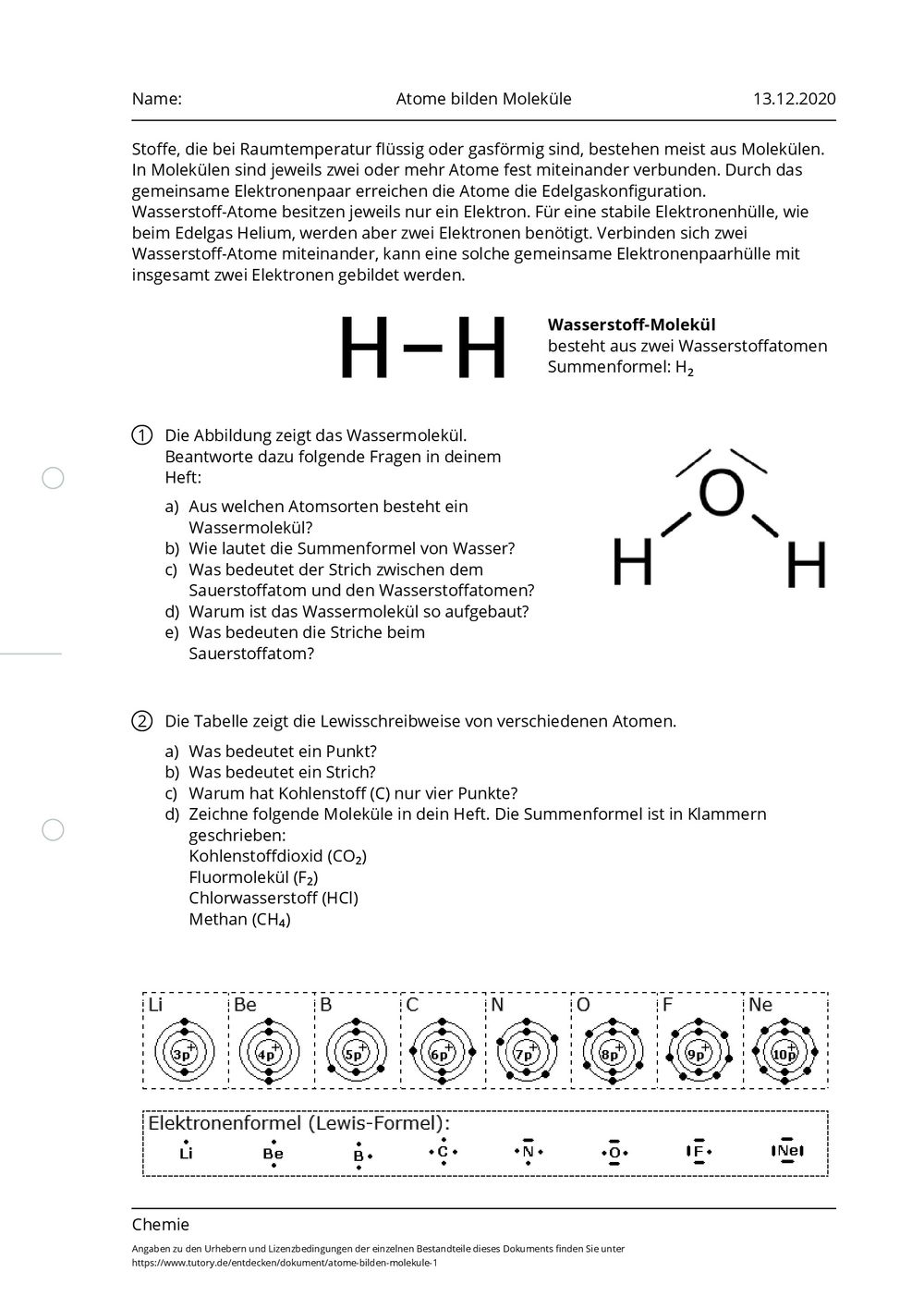 Arbeitsblatt - Atome bilden Moleküle - Chemie - tutory.de