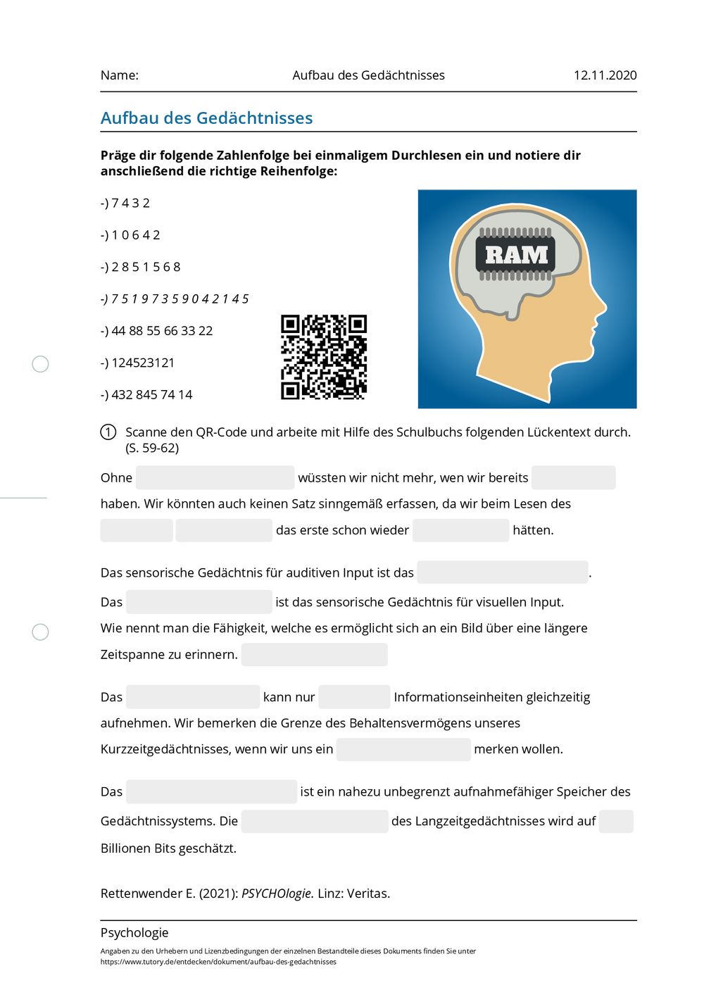 Arbeitsblatt - Aufbau des Gedächtnisses - Psychologie - tutory.de