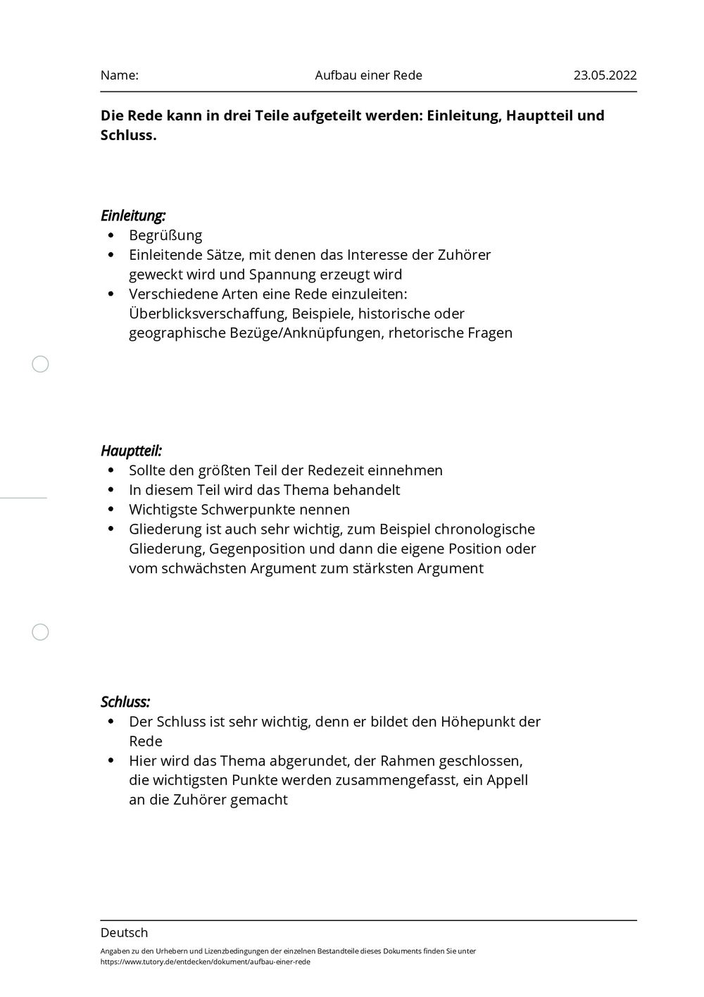 Arbeitsblatt Aufbau einer Rede Deutsch tutory.de