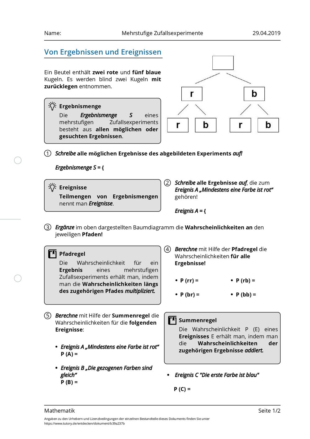 Mehrstufige Zufallsexperimente übungen Mit Lösungen Arbeitsblatt - Mehrstufige Zufallsexperimente - Mathematik - tutory.de