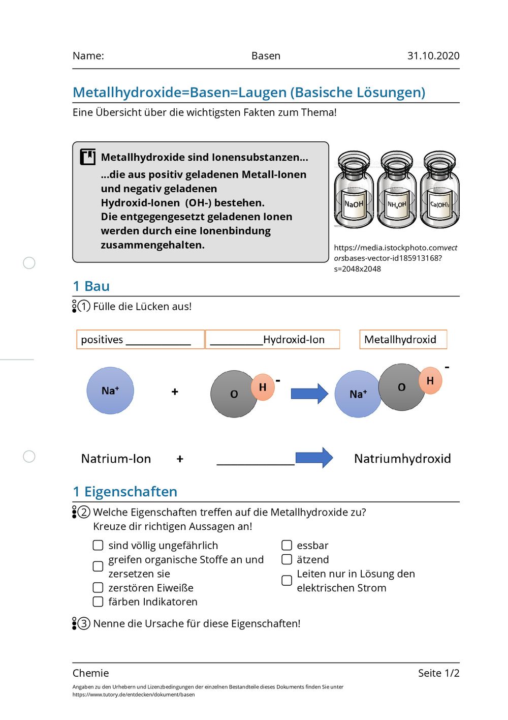 Arbeitsblatt - Basen - Chemie - tutory.de