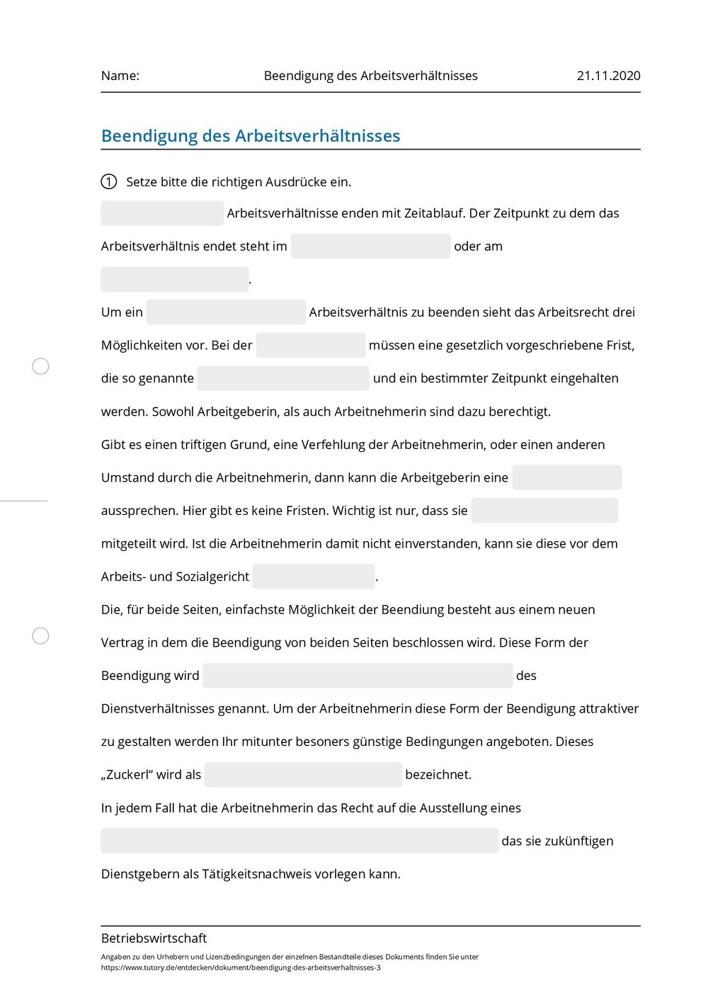 Arbeitsblatt - Beendigung des Arbeitsverhältnisses - Betriebswirtschaft ...