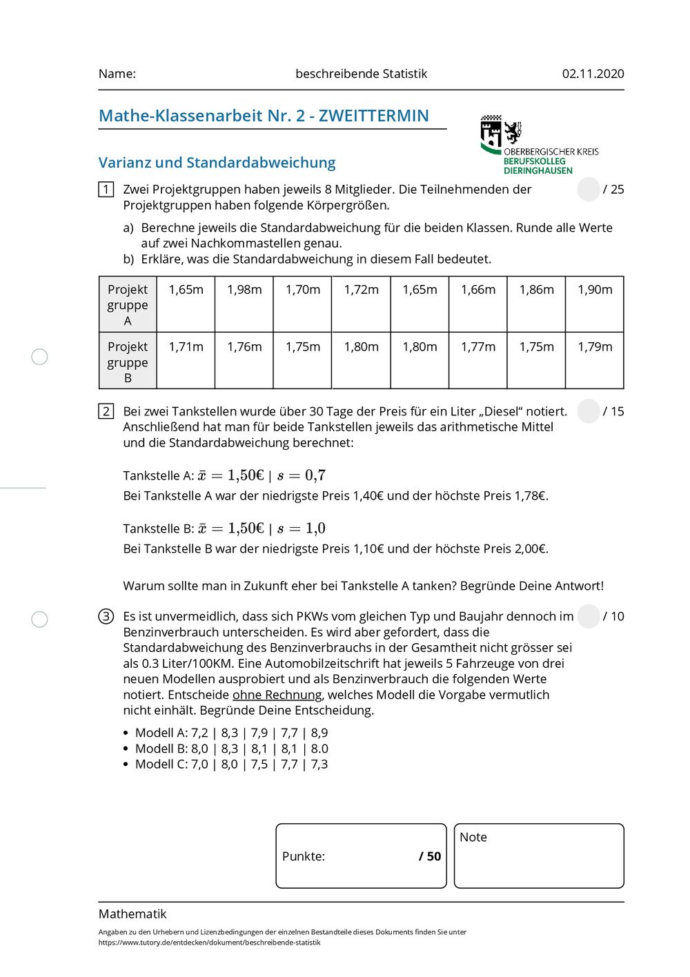Arbeitsblatt beschreibende statistik mathematik tutory de