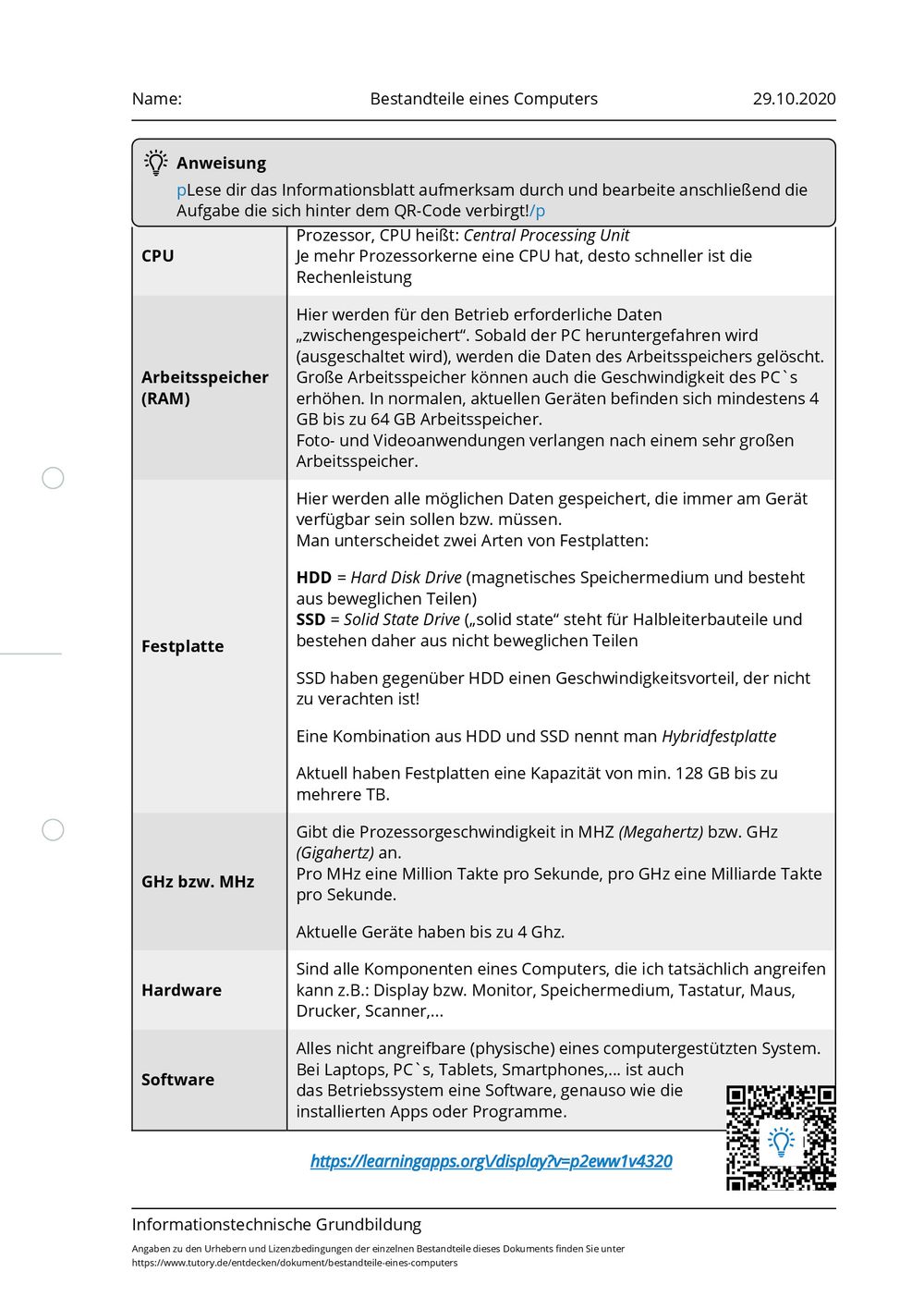 Bestandteile Aufbau Eines Computers Arbeitsblatt Arbeitsblatt - Bestandteile eines Computers - Informationstechnische