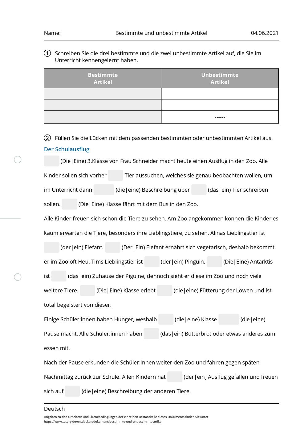 Bestimmte Und Unbestimmte Artikel übungen Pdf Arbeitsblatt - Bestimmte und unbestimmte Artikel - Deutsch - tutory.de