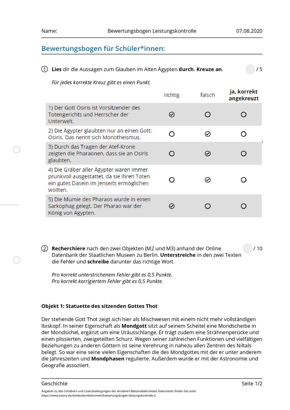 Arbeitsblatt - Bewertungsbogen Leistungskontrolle - Geschichte - tutory.de