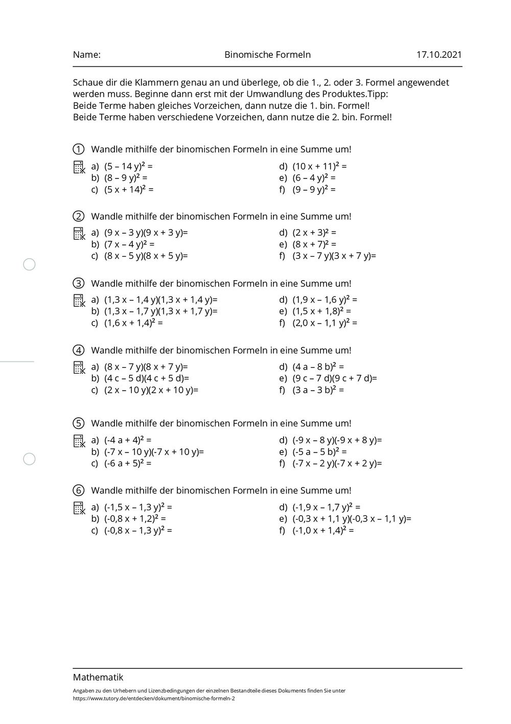 Arbeitsblatt - Binomische Formeln - Mathematik - tutory.de