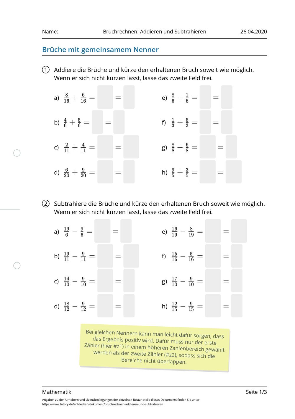 Bruchrechnen Mit Klammern übungen Und Lösungen Arbeitsblatt - Bruchrechnen: Addieren und Subtrahieren - Mathematik