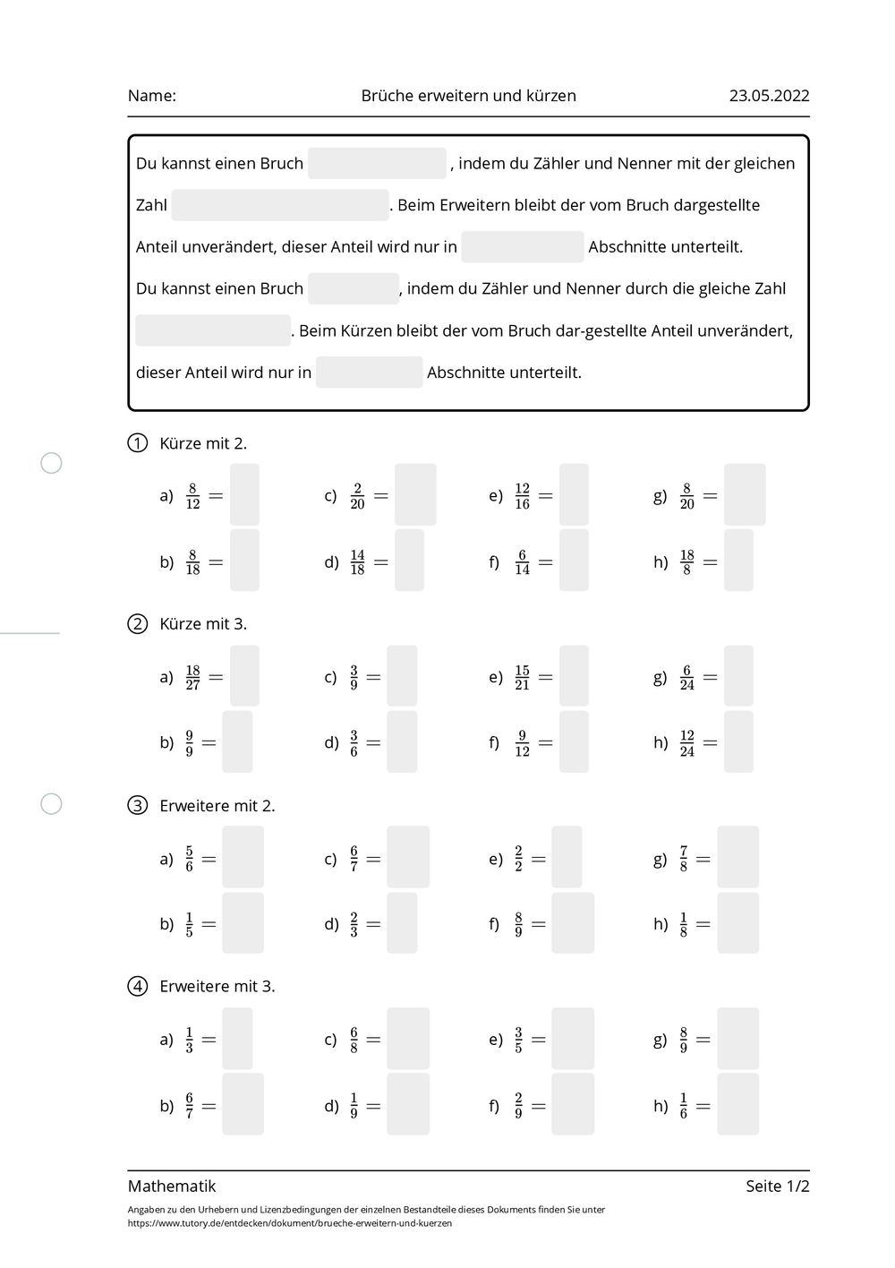 Brüche Erweitern Und Kürzen Arbeitsblatt Kostenlos Arbeitsblatt - Brüche erweitern und kürzen - Mathematik - tutory.de