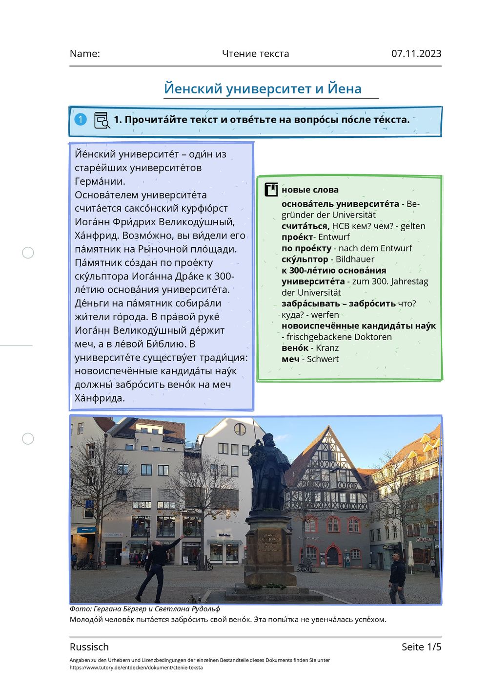 Arbeitsblatt - Чтение текста - Russisch - tutory.de