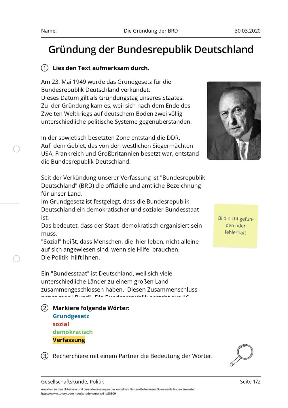 Arbeitsblatt - Die Gründung der BRD - Gesellschaftskunde & Politik - Förderschule - tutory.de
