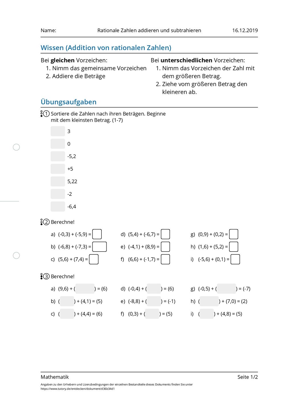 Addieren Und Subtrahieren Von Rationalen Zahlen Arbeitsblatt - Rationale Zahlen addieren und subtrahieren - Mathematik