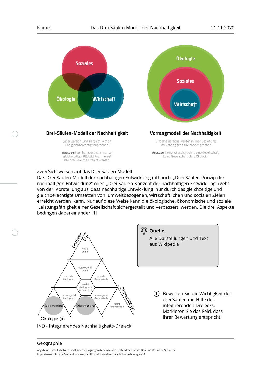Arbeitsblatt - Das Drei-Säulen-Modell der Nachhaltigkeit - Geographie