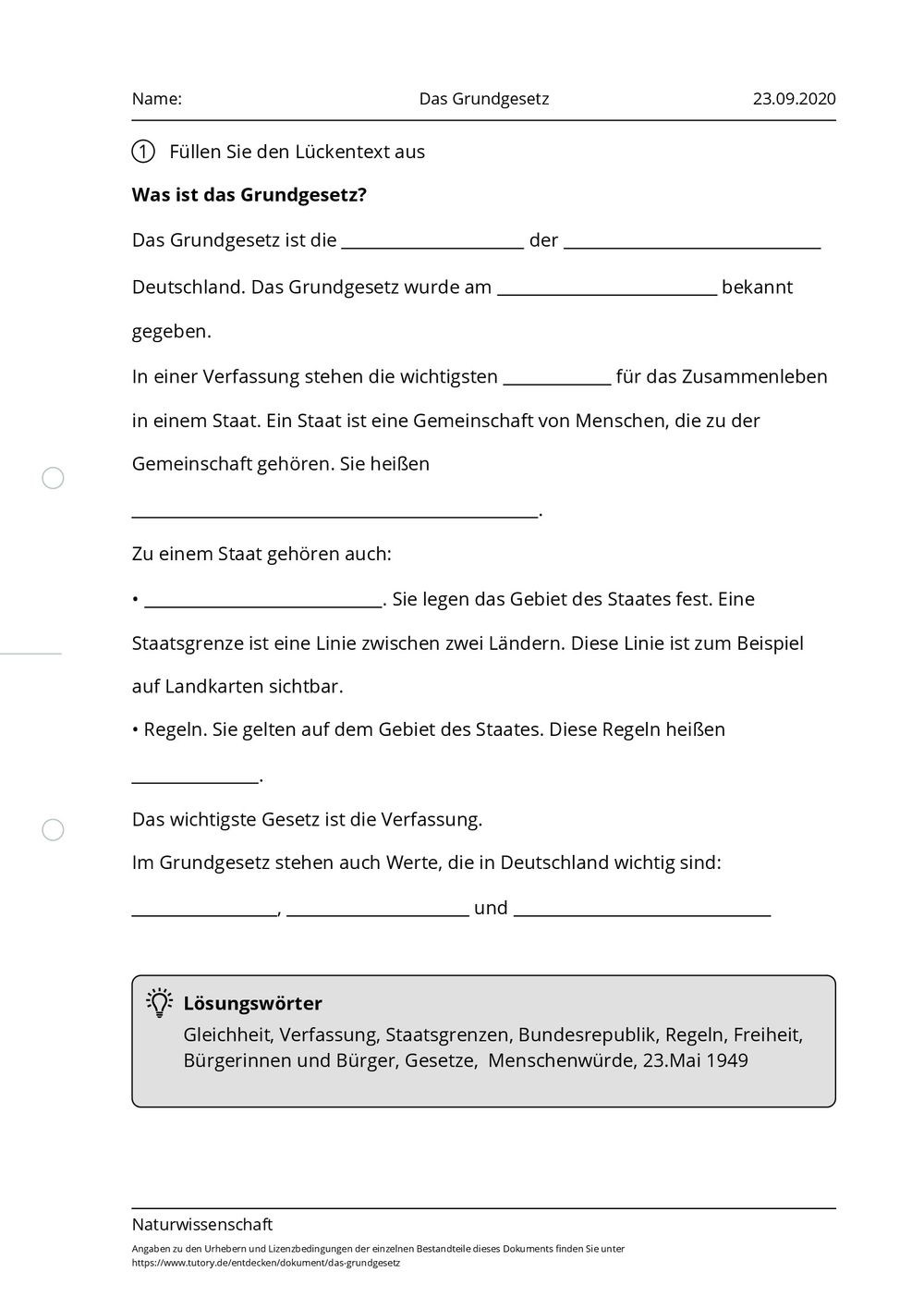 Arbeitsblatt das grundgesetz naturwissenschaft tutory de
