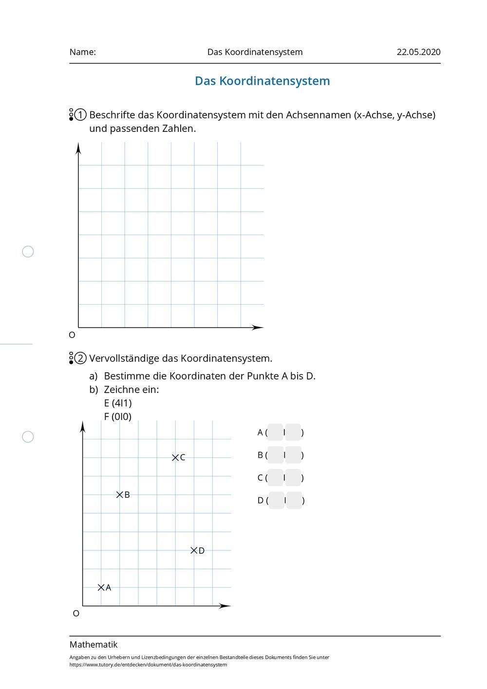 Arbeitsblatt - Das Koordinatensystem - Mathematik - tutory.de