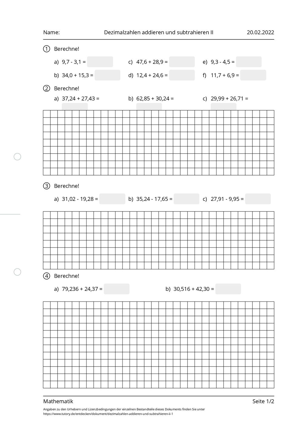 Addieren Und Subtrahieren Von Dezimalbrüchen Arbeitsblatt - Dezimalzahlen addieren und subtrahieren II - Mathematik