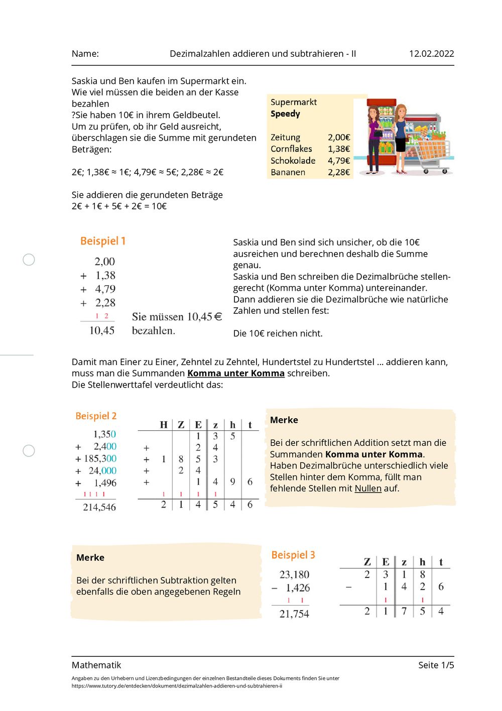 Dezimalzahlen Addieren Und Subtrahieren übungen Pdf Arbeitsblatt - Dezimalzahlen addieren und subtrahieren - II