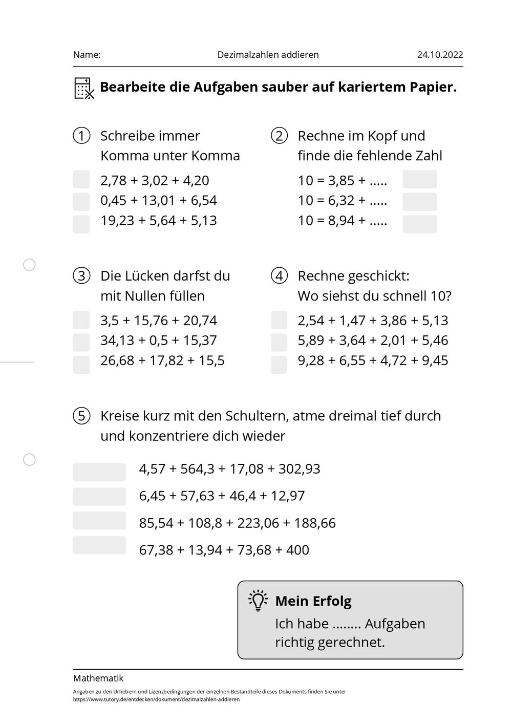 Arbeitsblatt dezimalzahlen addieren mathematik tutory de
