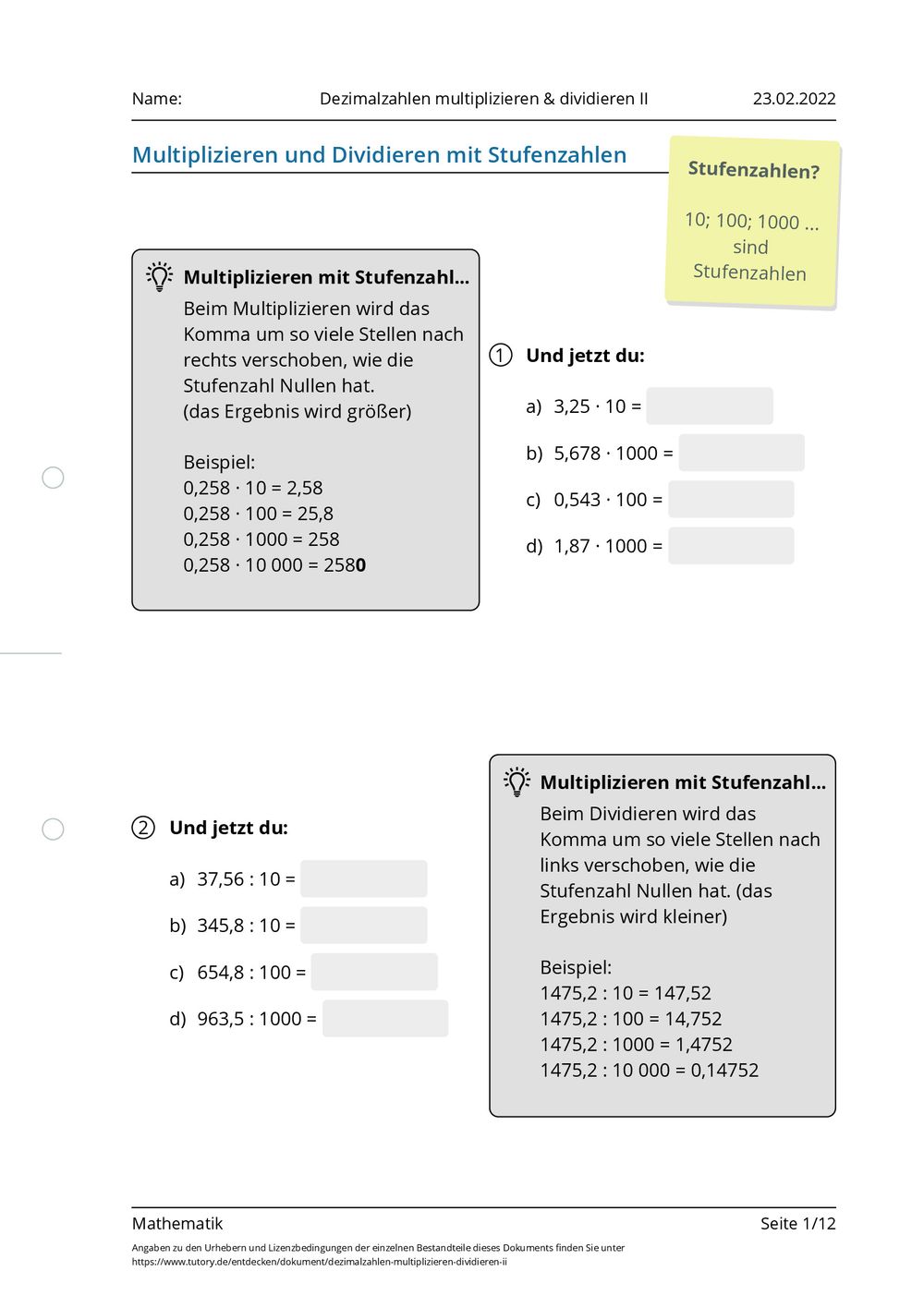 Dividieren Und Multiplizieren Von Dezimalzahlen Arbeitsblatt - Dezimalzahlen multiplizieren & dividieren II