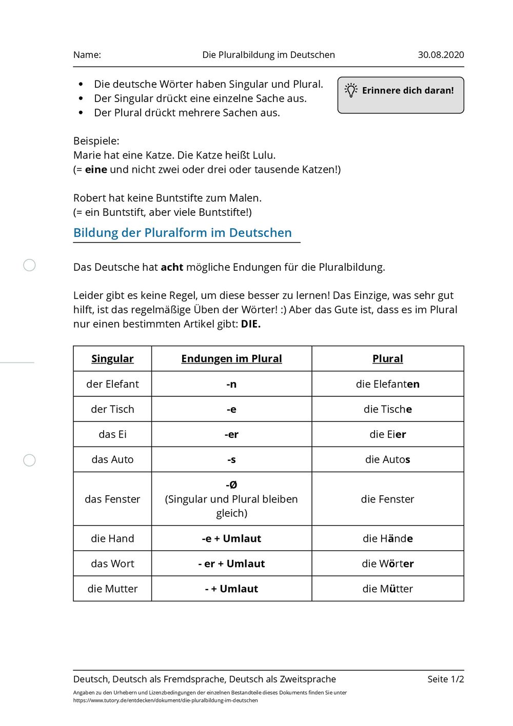 Arbeitsblatt - Die Pluralbildung im Deutschen - Deutsch & Deutsch als