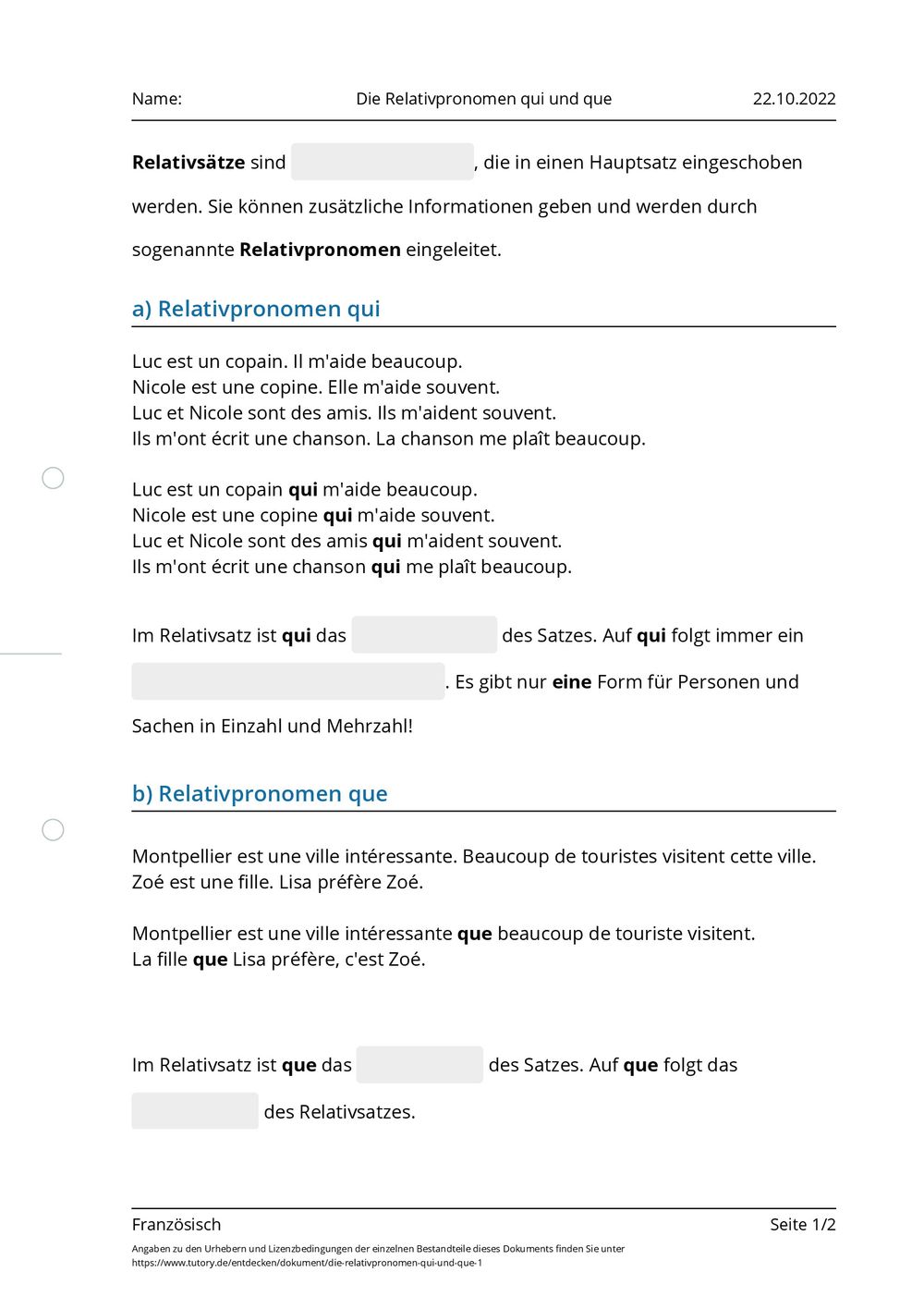 Arbeitsblatt - Die Relativpronomen qui und que - Französisch - tutory.de