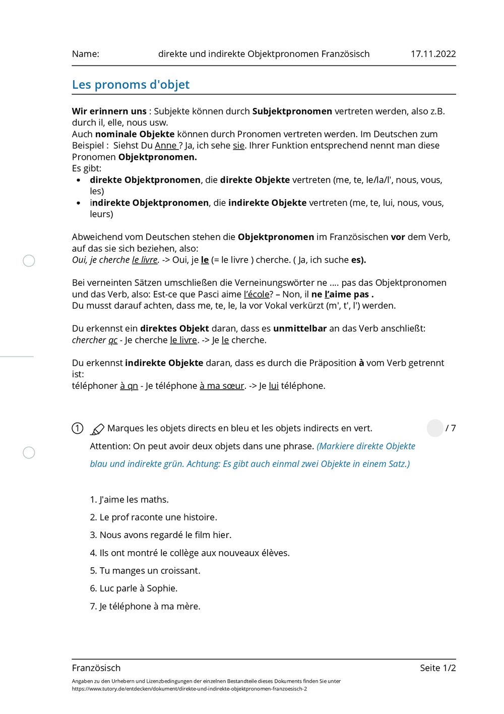 Direktes Und Indirektes Objekt Im Französischen Arbeitsblatt - direkte und indirekte Objektpronomen Französisch