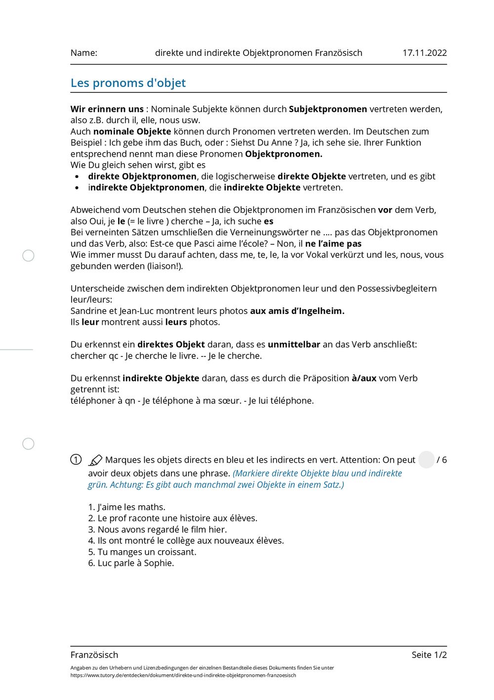 Direktes Und Indirektes Objekt Im Französischen Arbeitsblatt - direkte und indirekte Objektpronomen Französisch