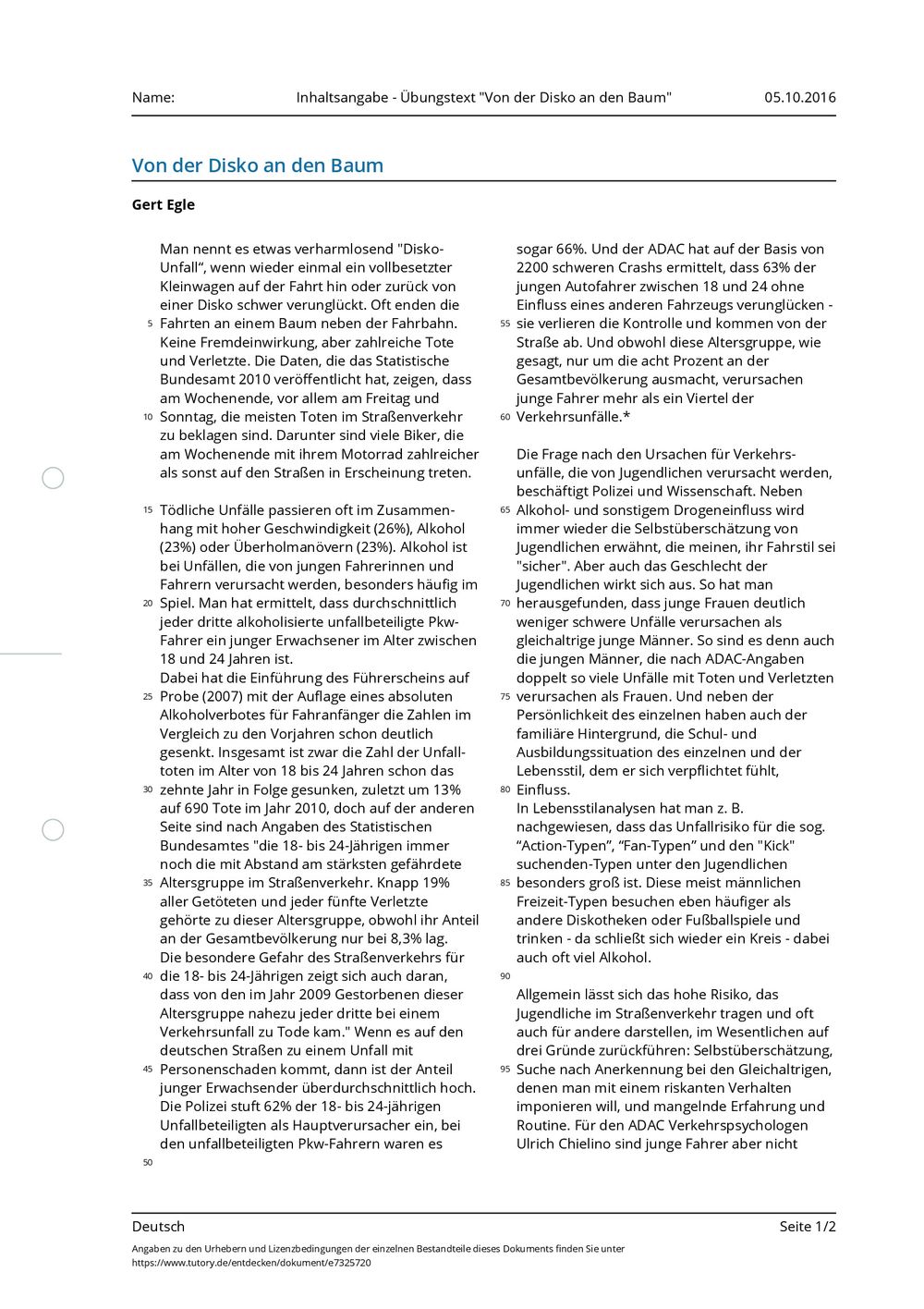 Arbeitsblatt Inhaltsangabe Übungstext "Von der Disko