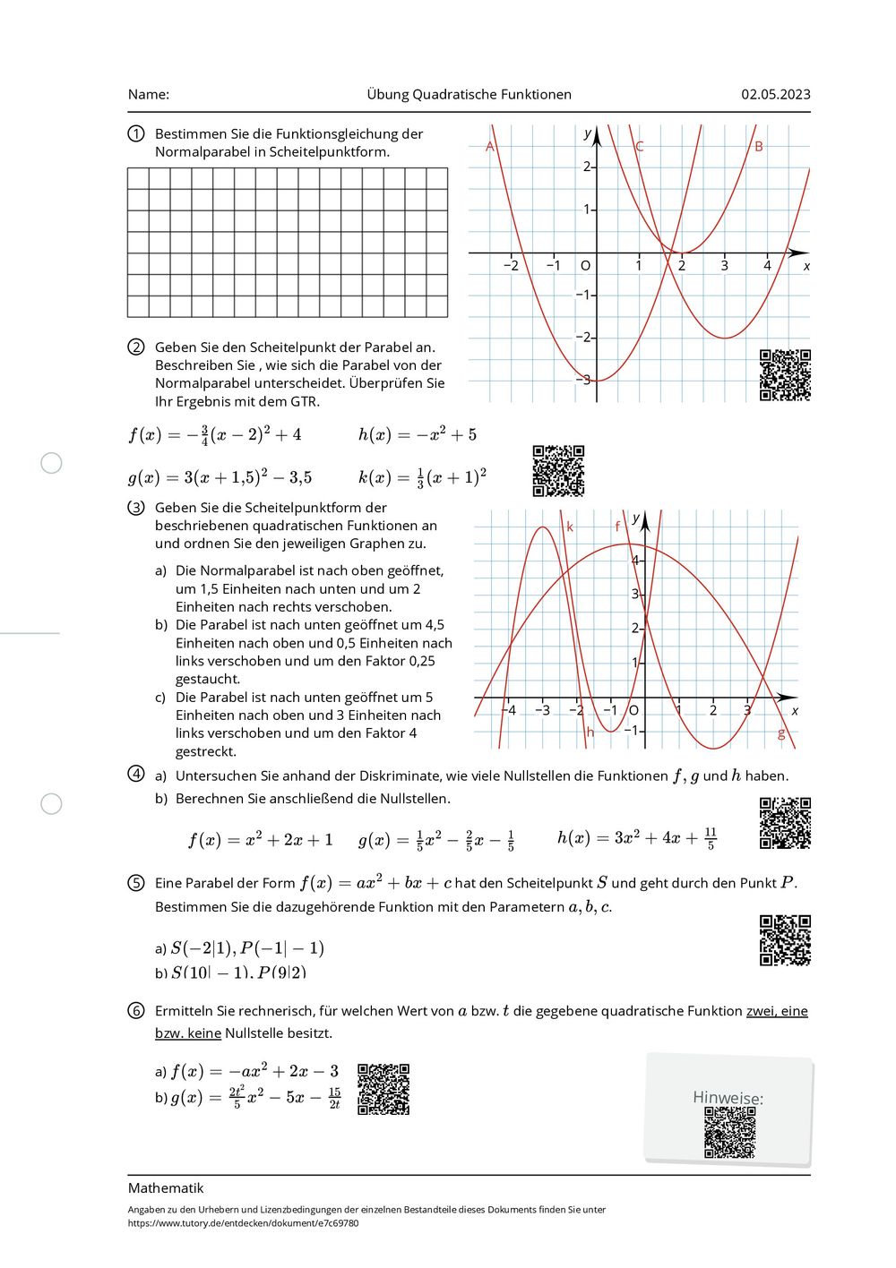 Aufgaben Zu Quadratischen Funktionen Mit Lösungen Arbeitsblatt - Übung Quadratische Funktionen - Mathematik - Allgemeine