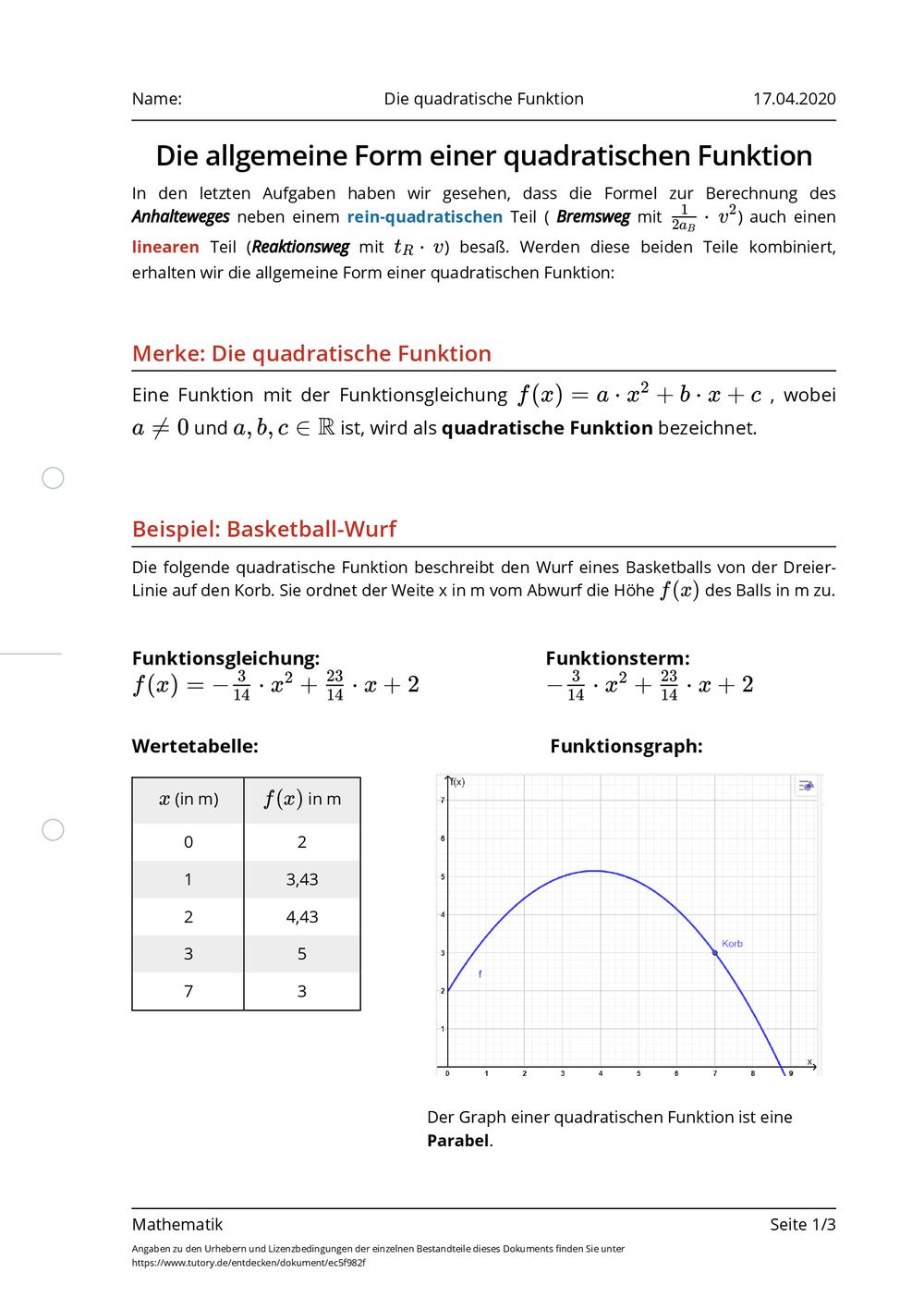 Aufgaben Quadratische Funktionen Mit Lösungen Arbeitsblatt - Die quadratische Funktion - Mathematik - tutory.de