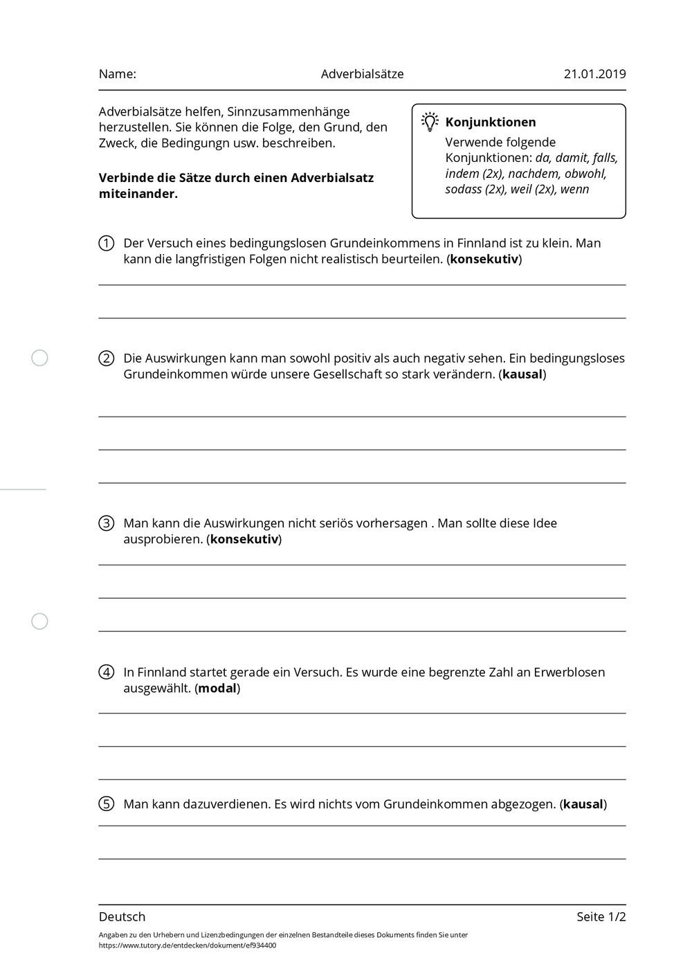 Arbeitsblatt - Adverbialsätze - Deutsch - Mittlere Reife - tutory.de