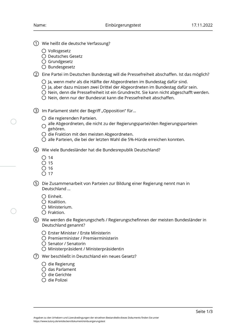 Einbürgerungstest Fragen Und Antworten 2021 Pdf Download Arbeitsblatt - Einbürgerungstest - tutory.de
