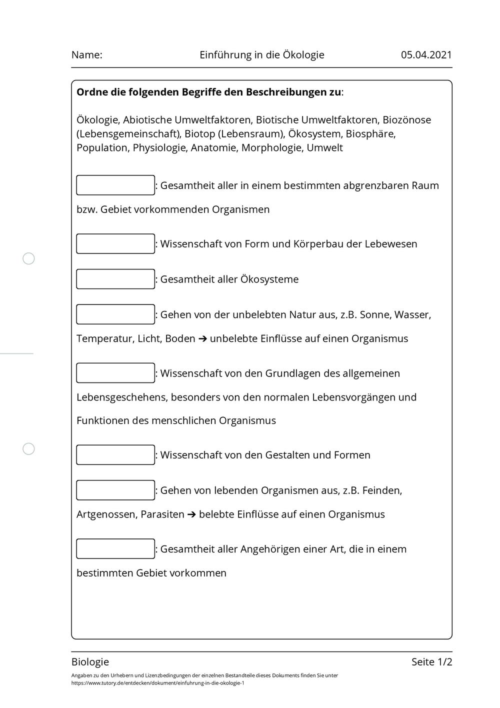 Page De Garde Biologie Ecologie Arbeitsblatt - Einführung in die Ökologie - Biologie - tutory.de