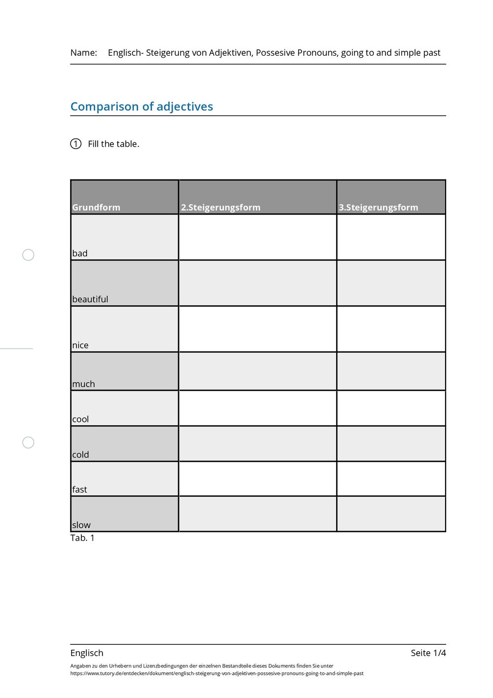 Steigerung Von Adjektiven Englisch übungen Pdf Arbeitsblatt - Englisch- Steigerung von Adjektiven, Possesive Pronouns
