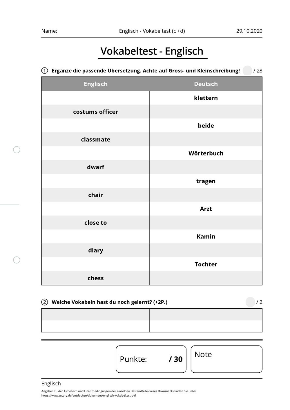 Arbeitsblatt - Englisch - Vokabeltest (c +d) - Englisch - tutory.de