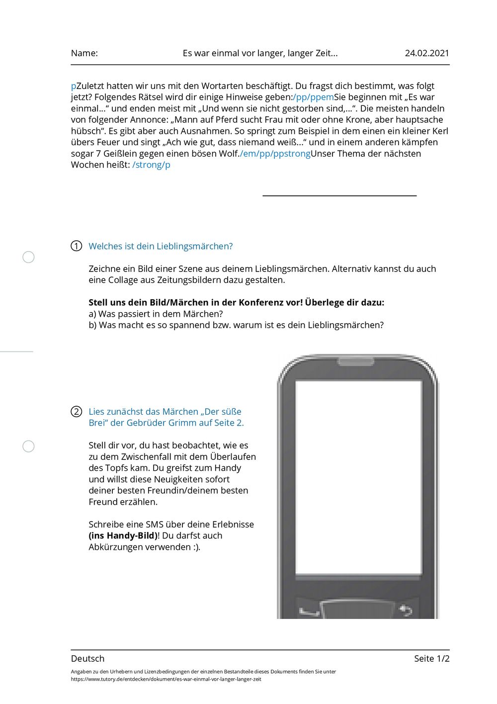 Arbeitsblatt Es war einmal vor langer, langer Zeit... Deutsch