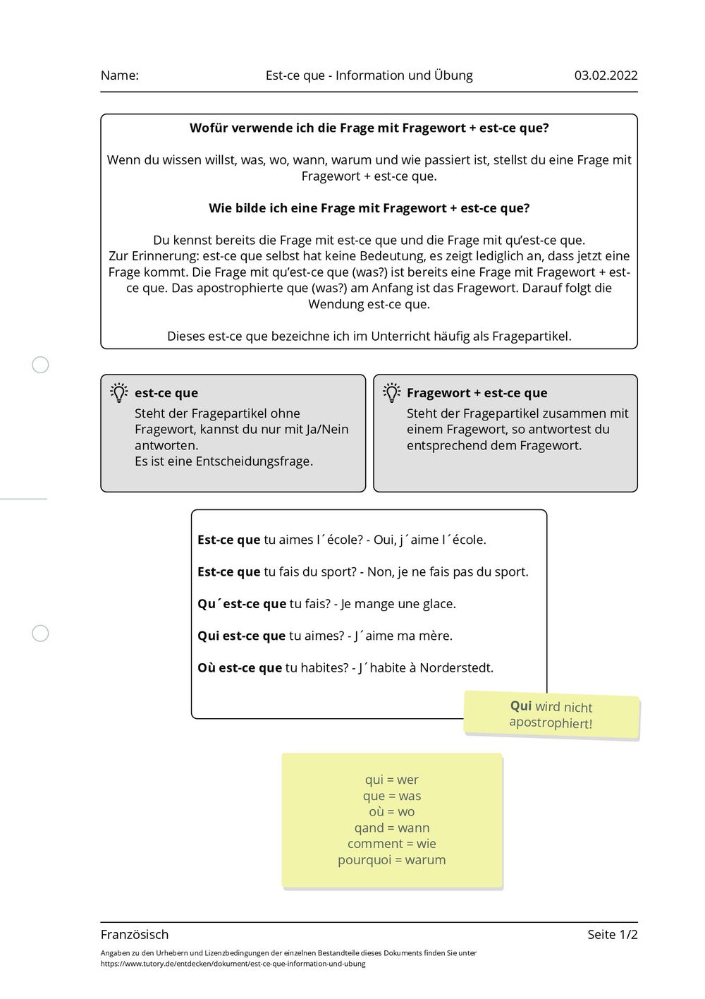 Arbeitsblatt - Est-ce que - Information und Übung - Französisch - tutory.de