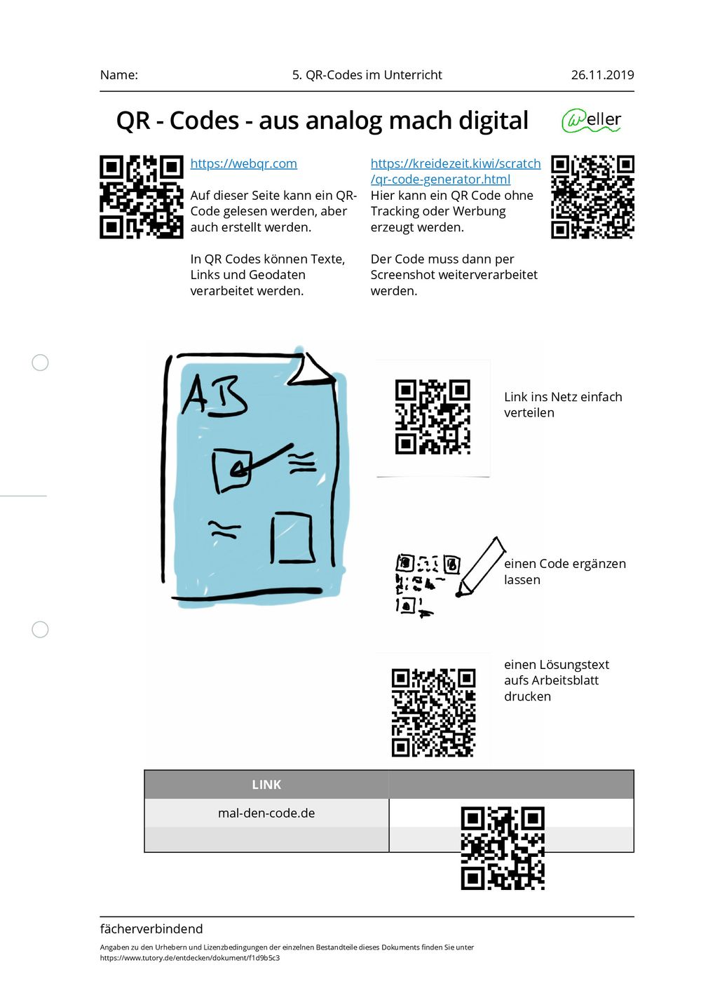 Arbeitsblatt - 5. QR-Codes im Unterricht - fächerverbindend - tutory.de