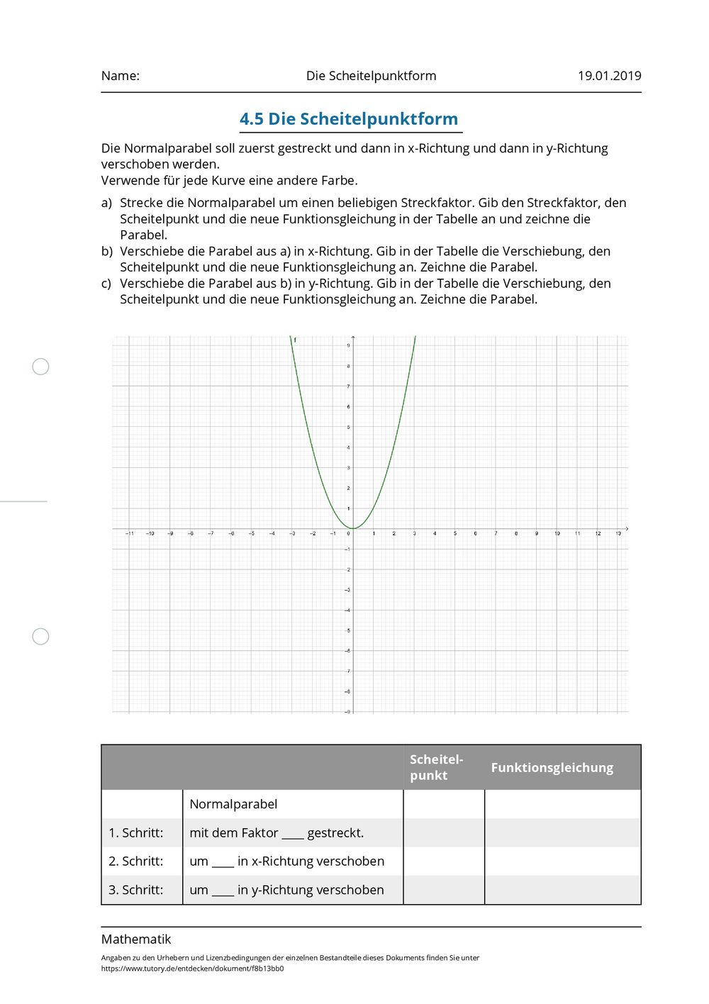 Arbeitsblatt - Die Scheitelpunktform - Mathematik - Allgemeine Hochschulreife - Tutory.de