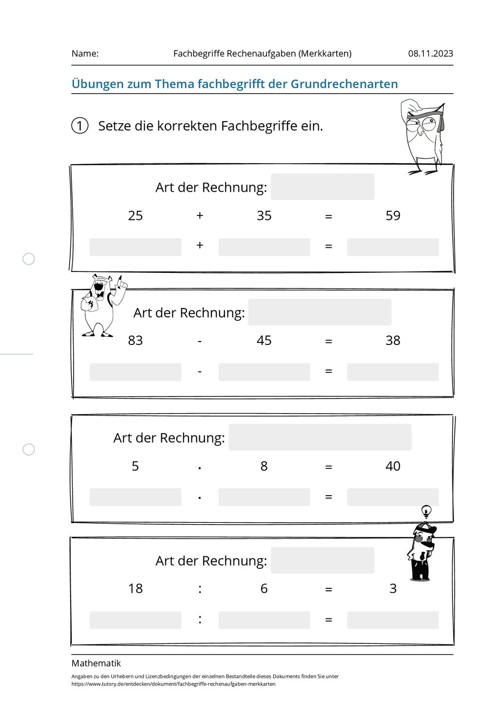 Arbeitsblatt fachbegriffe rechenaufgaben merkkarten mathematik
