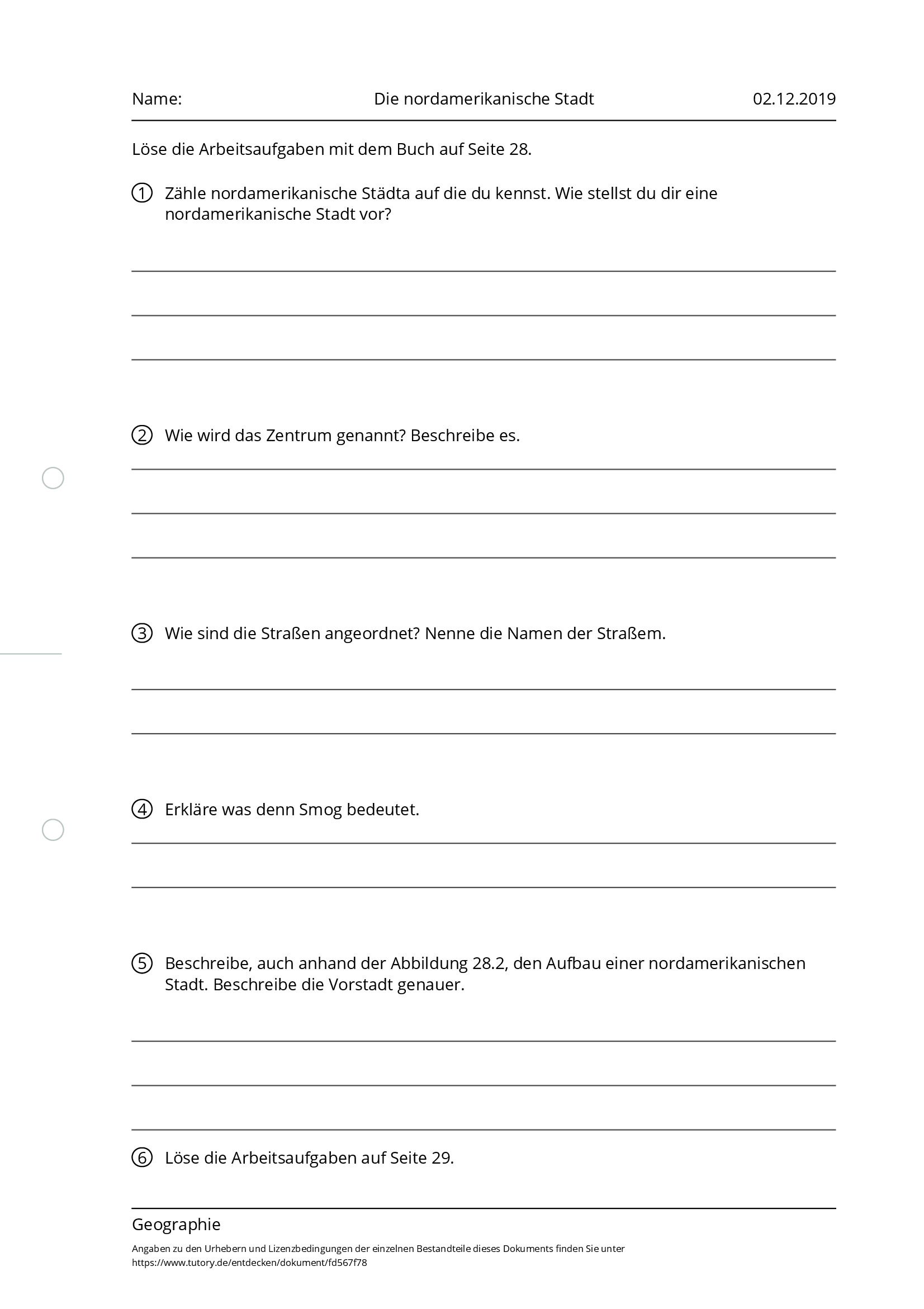 Arbeitsblatt - Die nordamerikanische Stadt - Geographie - tutory.de