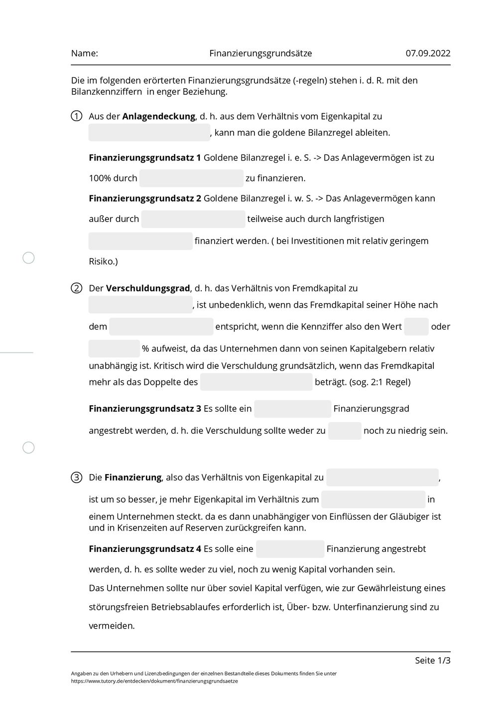 Arbeitsblatt Finanzierungsgrundsätze tutory.de