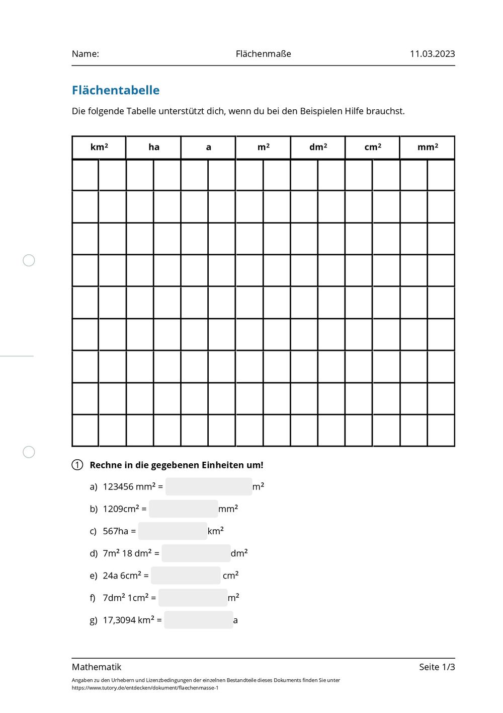 Arbeitsblatt - Flächenmaße - Mathematik - tutory.de