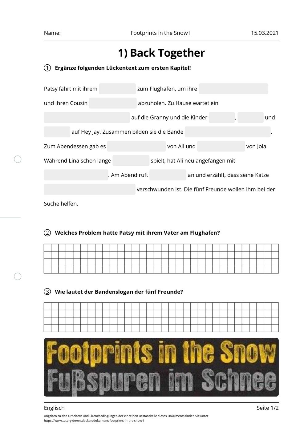 Arbeitsblatt Footprints in the Snow I Englisch tutory.de