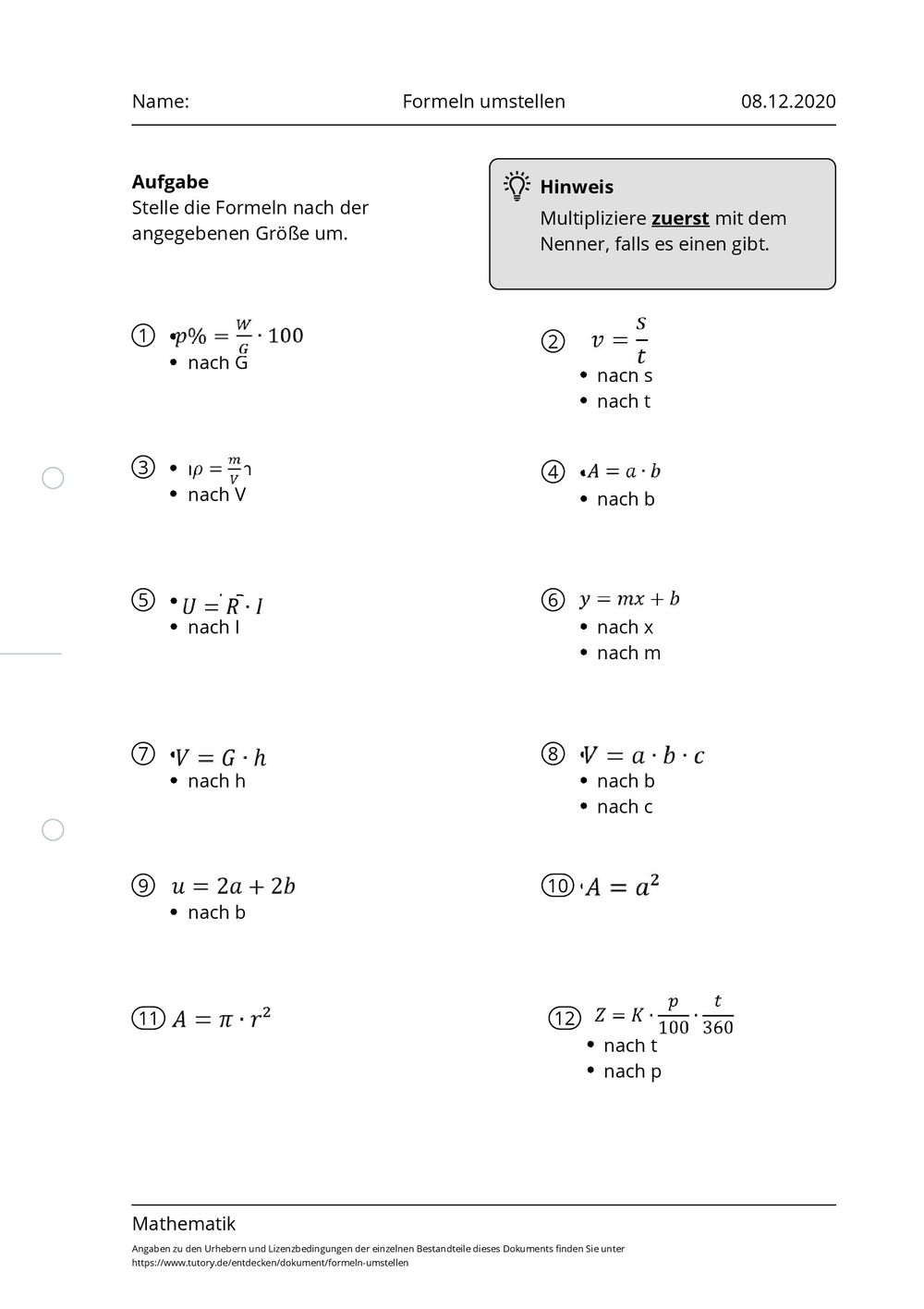Arbeitsblatt - Formeln umstellen - Mathematik - tutory.de